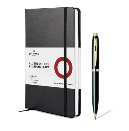 Sheaffer 100 Ballpoint Pen Gift Set - Gloss Black Gold Trim with A5 Notebook